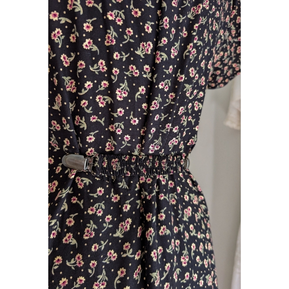 Vintage Black Floral Cinch Waist Flowy Maxi Length Dress - Picture 8 of 16